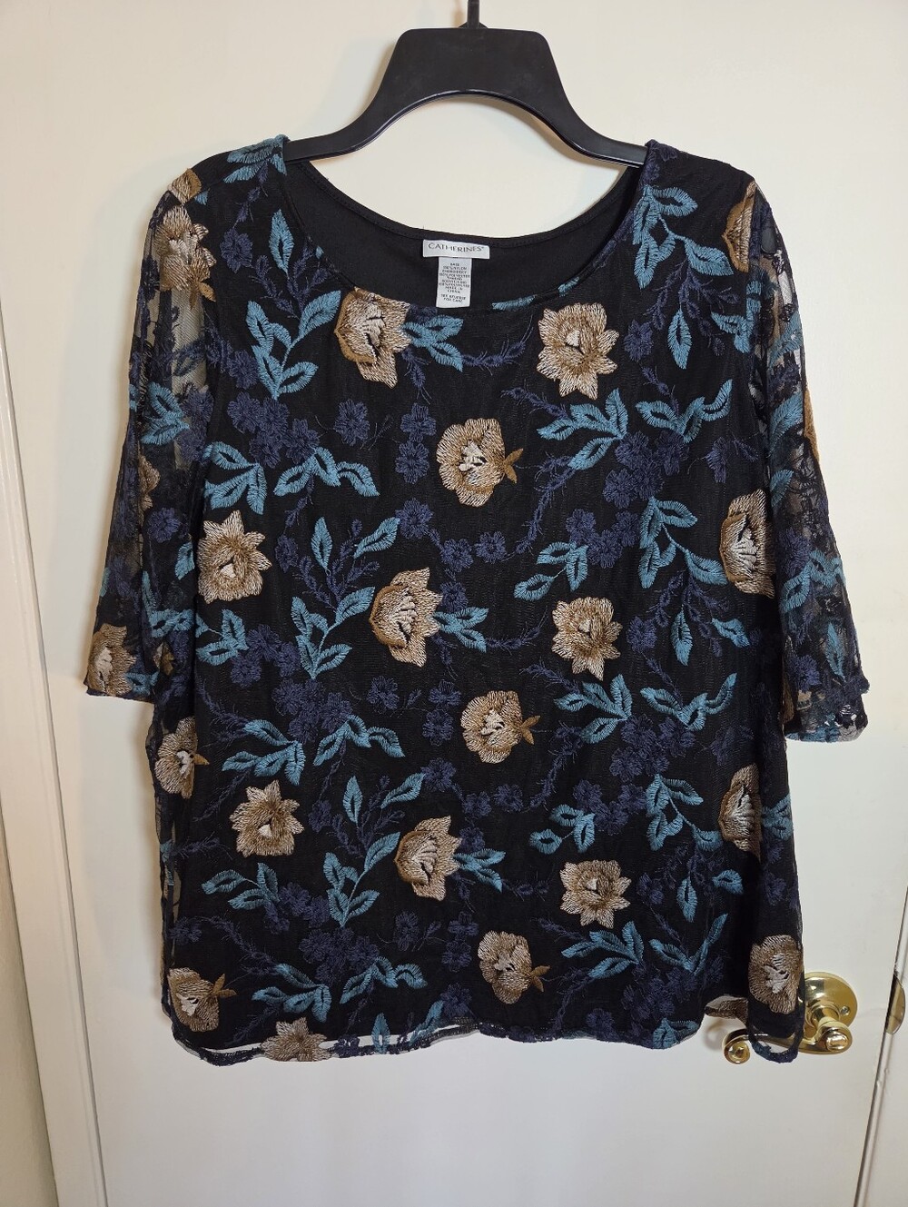 Boho 1X Top Sheer Lined Mesh Floral Embroidered 3/4 Sleeve Blouse Whimsigoth